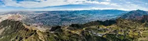 La Paz Prints: Aerial view from the impressive landmark Muela del Diablo over the mountains down into the valley with the cities La