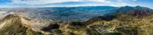 La Paz Prints: Aerial view from the impressive landmark Muela del Diablo over the mountains down into the valley with the cities La