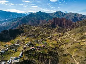La Paz Prints: Aerial view from the impressive landmark Muela del Diablo over the mountains down into the valley with the cities La
