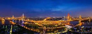 Bhumibol Prints: Aerial view of Industry Ring Suspending bridge at night in Bangkok, Thailand