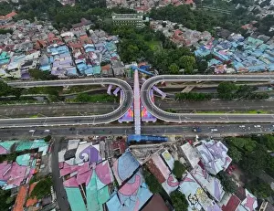 Interchange Prints: Aerial view of infinity sign traffic junction cross Jakarta a city of collaboartion road with car transport