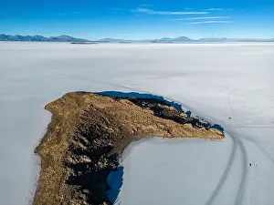 Aerial view of Isla Incahuasi, an island in the middle of the biggest salt lake in the world