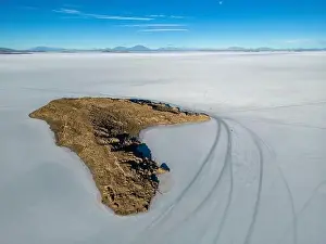 Salt Crystals Prints: Aerial view of Isla Incahuasi, an island in the middle of the biggest salt lake in the world
