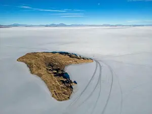 Salt Crystals Prints: Aerial view of Isla Incahuasi, an island in the middle of the biggest salt lake in the world