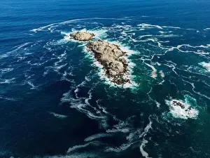 Greenish Prints: Aerial view of Isla Pan de Azúcar in the National Park Pan de Azúcar at the coast of the Atacama desert in Chile