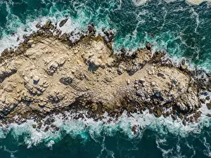 Brownish Prints: Aerial view of Isla Pan de Azúcar in the National Park Pan de Azúcar at the coast of the Atacama desert in Chile