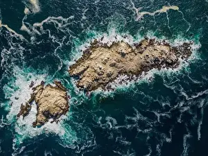 Greenish Prints: Aerial view of Isla Pan de Azúcar in the National Park Pan de Azúcar at the coast of the Atacama desert in Chile