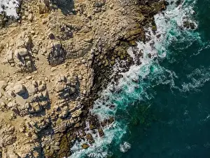 Brownish Prints: Aerial view of Isla Pan de Azúcar in the National Park Pan de Azúcar at the coast of the Atacama desert in Chile
