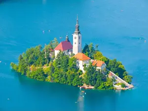 Julian Prints: Aerial view of island with church in the middle of Bled lake, Slovenia