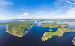 Pine Wood Prints: Aerial top view to island Kilpola overgrown with sparse trees in summer sunny day