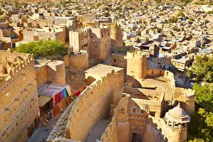 Aerial view from the top of Jaisalmer Fort of the foritication and city below, Jaisalmer, India