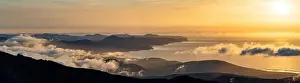 Moody Sky Prints: Aerial view of Jandia Peninsula and ocean at dawn from Pico de la Zarza mountain peak