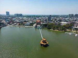 City Skyline Prints: Aerial View Kaohsiung Dragon Sculpture and Bridge to Spring and Autumn Pavilion