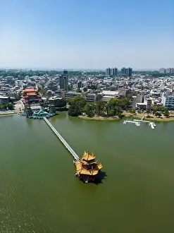City Skyline Prints: Aerial View Kaohsiung Dragon Sculpture and Bridge to Spring and Autumn Pavilion