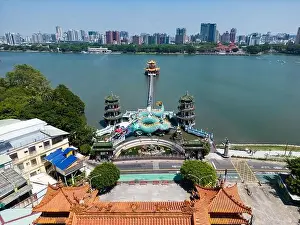 Historical Site Prints: Aerial View Kaohsiung Dragon Sculpture and Bridge to Spring and Autumn Pavilion