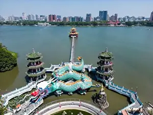 Aerial View Kaohsiung Dragon Sculpture and Bridge to Spring and Autumn Pavilion