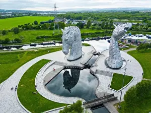 Aerial view of The Kelpies horse sculptures in Helix park in Falkirk, Scotland, UK