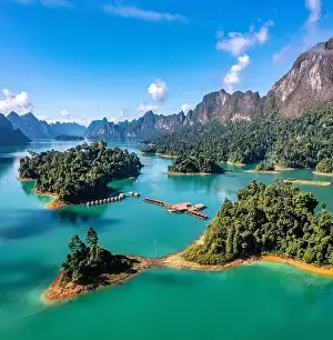 Surat Thani Prints: Aerial view of Khao Sok national park Cheow Lan Dam lake in Surat Thani, Thailand