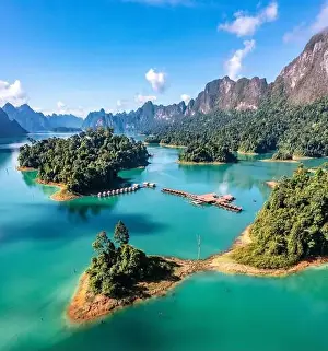 Surat Thani Prints: Aerial view of Khao Sok national park Cheow Lan Dam lake in Surat Thani, Thailand