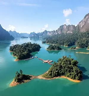 Surat Thani Prints: Aerial view of Khao Sok national park Cheow Lan Dam lake in Surat Thani, Thailand