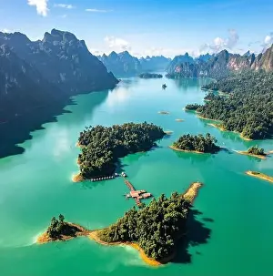 Surat Thani Prints: Aerial view of Khao Sok national park Cheow Lan Dam lake in Surat Thani, Thailand