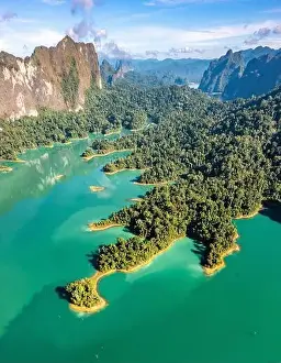 Surat Thani Prints: Aerial view of Khao Sok national park Cheow Lan Dam lake in Surat Thani, Thailand
