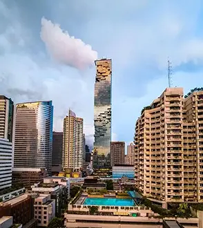 Silom Prints: Aerial view of King Power Mahanakhon tower in Sathorn Silom central business district of Bangkok