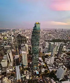 Silom Prints: Aerial view of King Power Mahanakhon tower in Sathorn Silom central business district of Bangkok