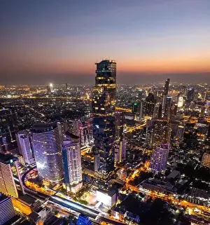 Silom Prints: Aerial view of King Power Mahanakhon tower in Sathorn Silom central business district of Bangkok