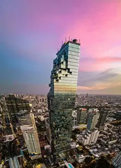 Silom Prints: Aerial view of King Power Mahanakhon tower in Sathorn Silom central business district of Bangkok