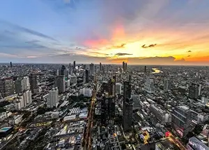 Aerial view of King Power Mahanakhon tower in Sathorn Silom central business district of Bangkok, Thailand