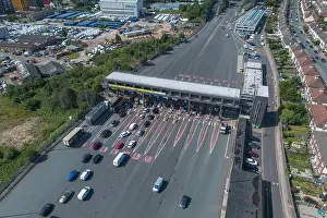 Aerial Shot Prints: Aerial view of the Kingsway Tunnel Toll Booth, Wallasey, UK