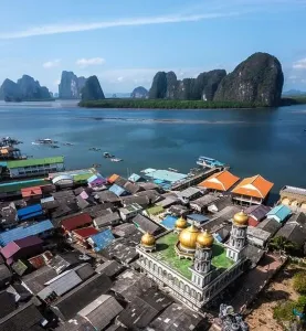 Phang Nga Bay Prints: Aerial view of Ko Panyi or Koh Panyee muslim fishing village in Phang Nga Province