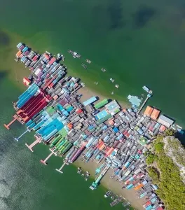 Phang Nga Bay Prints: Aerial view of Ko Panyi or Koh Panyee muslim fishing village in Phang Nga Province