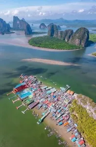 Phang Nga Bay Prints: Aerial view of Ko Panyi or Koh Panyee muslim fishing village in Phang Nga Province