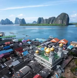 Phang Nga Bay Prints: Aerial view of Ko Panyi or Koh Panyee muslim fishing village in Phang Nga Province