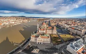 Morning Glow Prints: Aerial view of Kossuth Lajos Square by Hungarian Parliament in Budapest morning glow