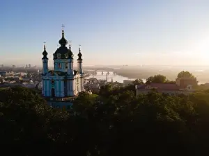 Podol Prints: Aerial view of Kyiv St. Andrew's Church. Ukraine