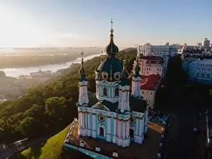 Podol Prints: Aerial view of Kyiv St. Andrew's Church. Ukraine