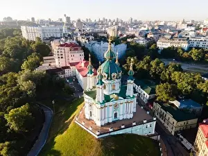Podol Prints: Aerial view of Kyiv St. Andrew's Church. Ukraine