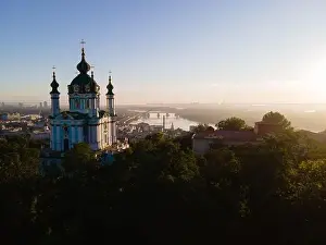 Podol Prints: Aerial view of Kyiv St. Andrew's Church. Ukraine
