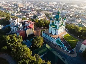 Podol Prints: Aerial view of Kyiv St. Andrew's Church. Ukraine