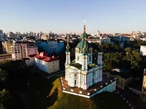 Podol Prints: Aerial view of Kyiv St. Andrew's Church. Ukraine
