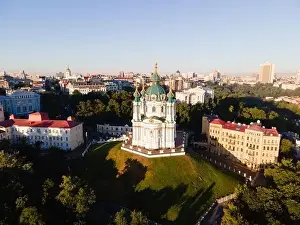 Podol Prints: Aerial view of Kyiv St. Andrew's Church. Ukraine