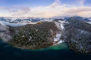 Fussen Prints: aerial view to lake alatsee and weissensee at fuessen bavaria in winter
