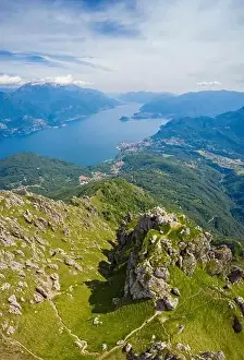 Aerial view of Lake Como and Tremezzina from the top of Mount Grona over Menaggio