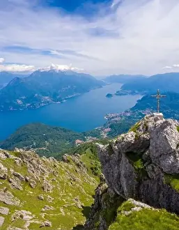 Aerial view of Lake Como and Tremezzina from the top of Mount Grona over Menaggio