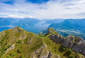 Aerial view of Lake Como and Tremezzina from the top of Mount Grona over Menaggio