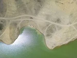Aerial Lake Prints: Aerial view lake. Drone over water reservoir at mountain valley