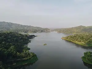 Yogyakarta Prints: Top aerial view landscape of clear lake named Sermo lake on a bright day in Kulonprogo